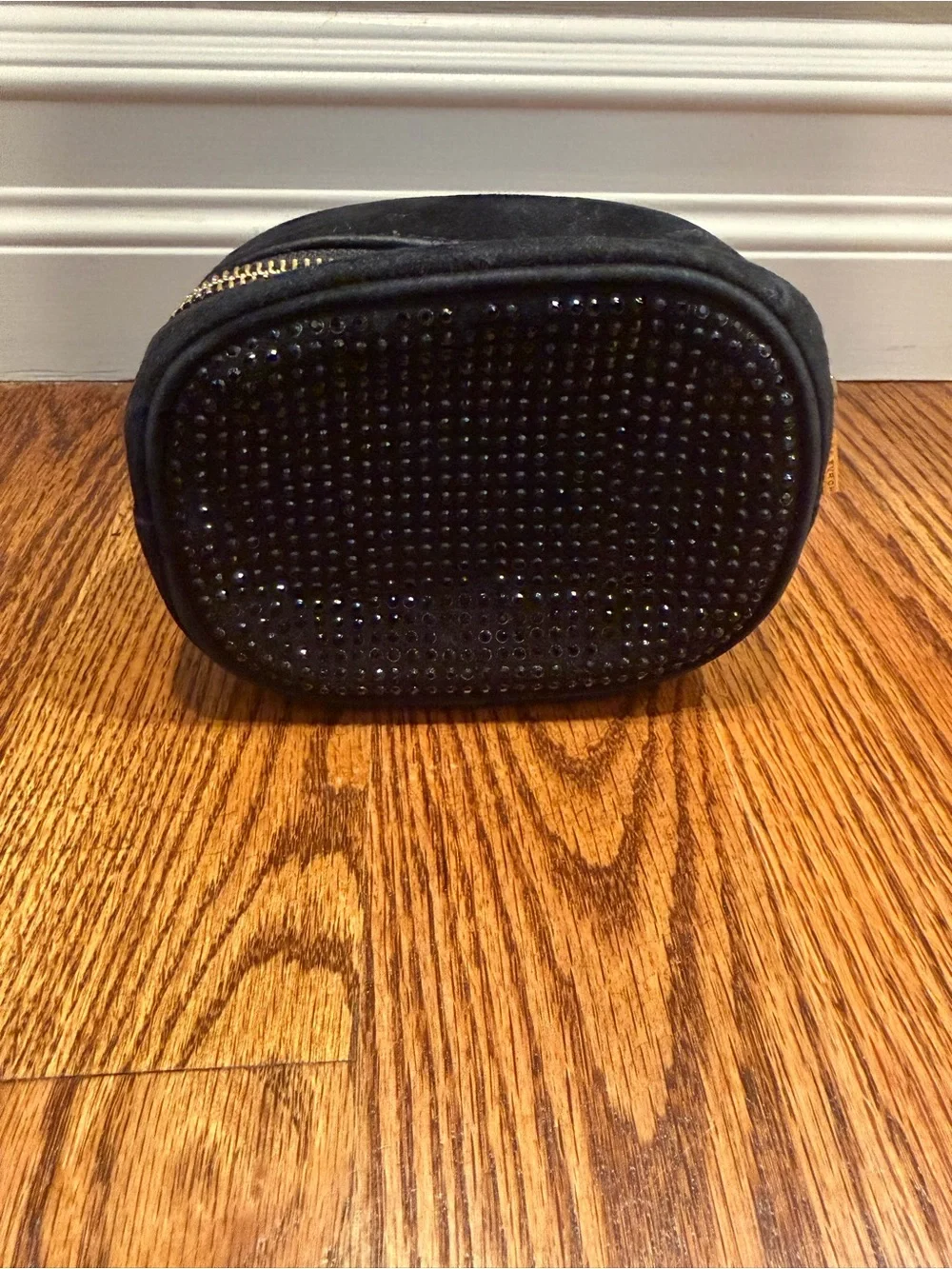 Tory Burch Black Suede Crystal-Stud Cosmetic Case with Gold Logo Charm